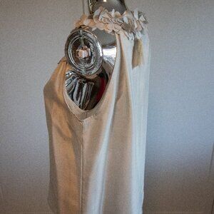 Pale Grey Silk Sleeveless Blouse with silk flowers around the neck.  Never worn.